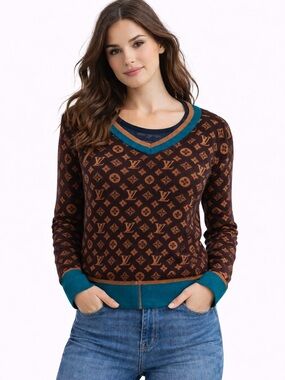 Louis Vuitton Chocolate and Teal Knit Top